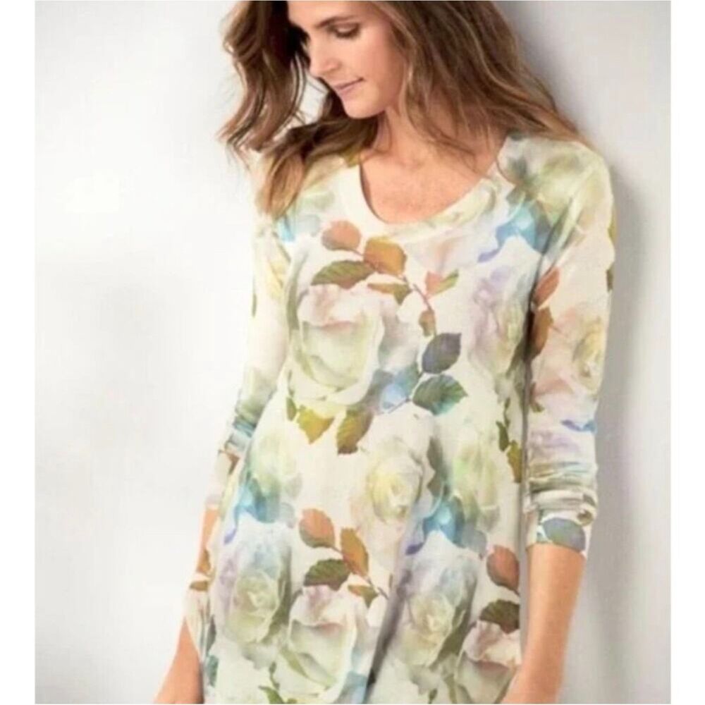 Soft Surroundings Watercolor Floral Print Long Sleeve Shirt Top Women's Large
